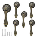 Antique bronze tear-drop cabinet pull set with round backplates and mounting screws