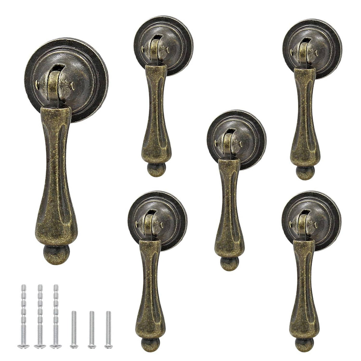 Antique bronze tear-drop cabinet pull set with round backplates and mounting screws