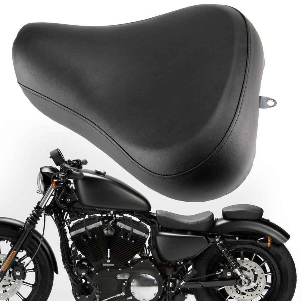 Black motorcycle solo rider seat with smooth top and stitched edges, side mount hole.