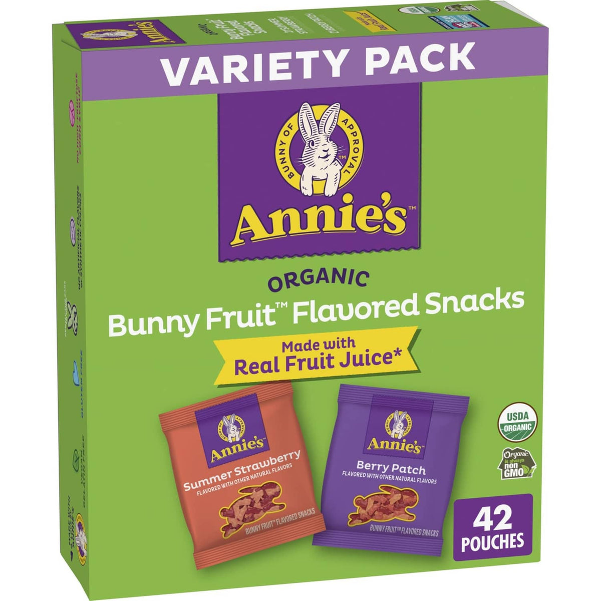 Annie's Organic Bunny Fruit flavored snacks variety pack box with 42 pouches