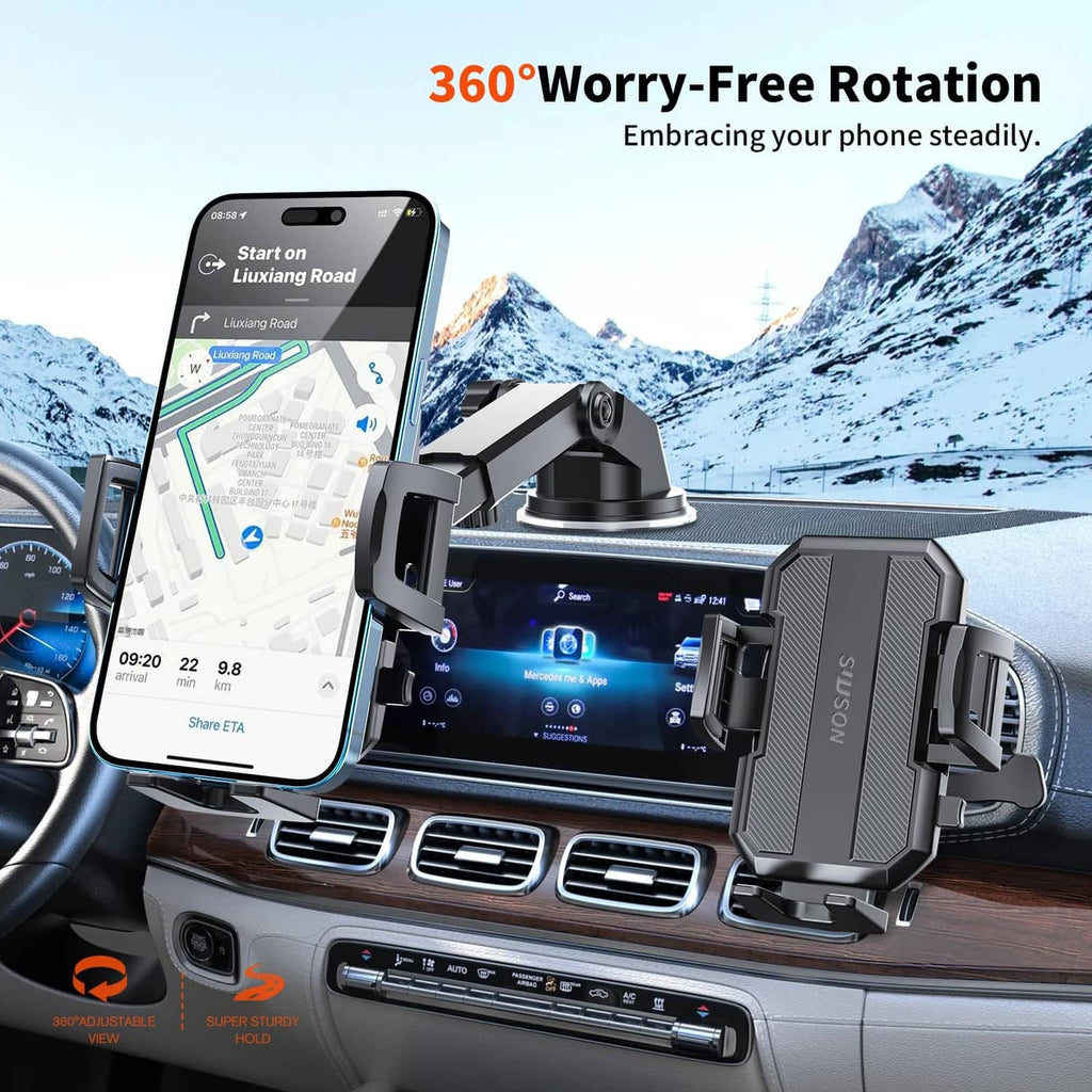Black car phone holder with 360° rotating phone cradle for steady driving