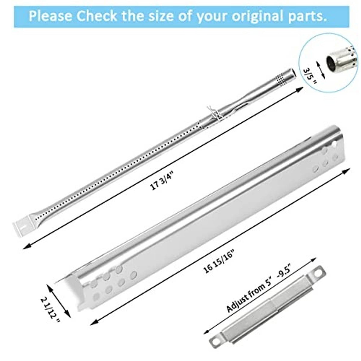 Stainless steel burner tubes and heat shield bar replacement parts with visible dimensions