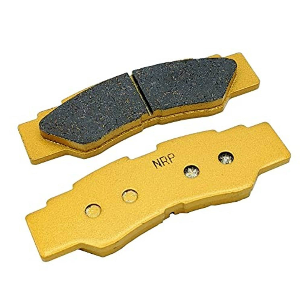 Ceramic brake pad pair with dark friction pads on gold backing, includes hardware holes