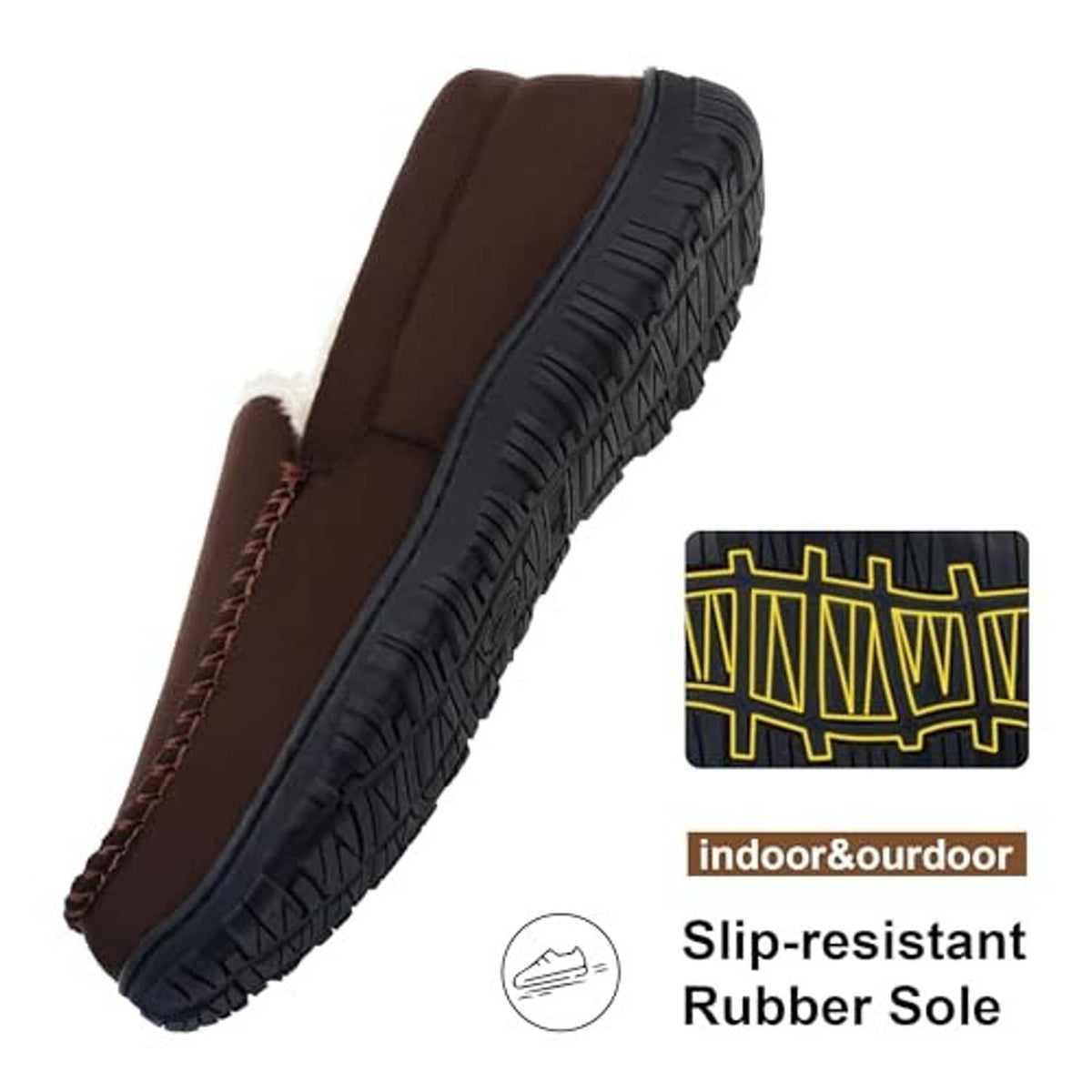 Brown moccasin slippers with slip-resistant rubber outsole and stitched moc toe
