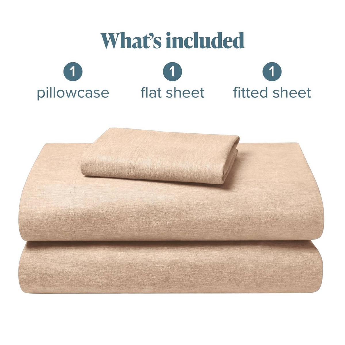 Stacked heathered oatmeal flannel bedding: pillowcase, flat sheet, fitted sheet