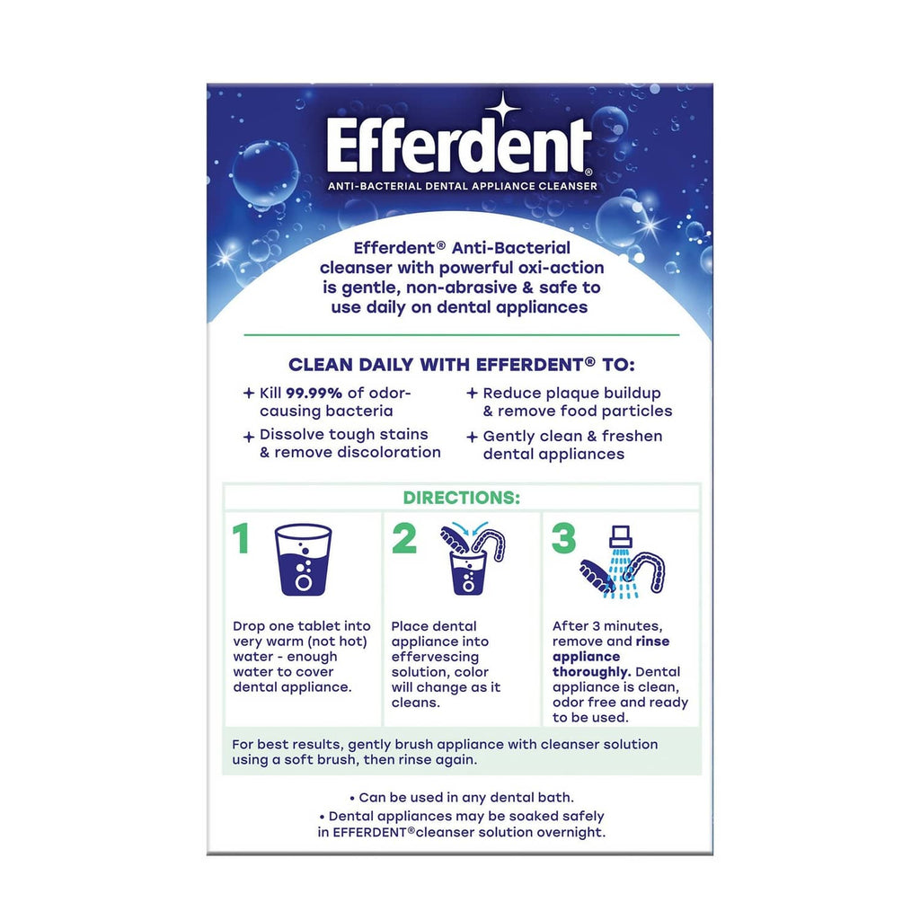 Efferdent tablet directions panel with steps for cleaning