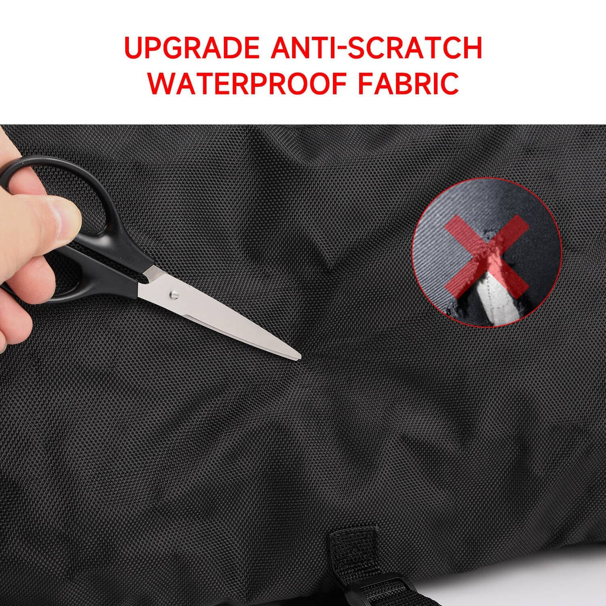 Black textured storage bag fabric with reinforced edge and strap attachment loop