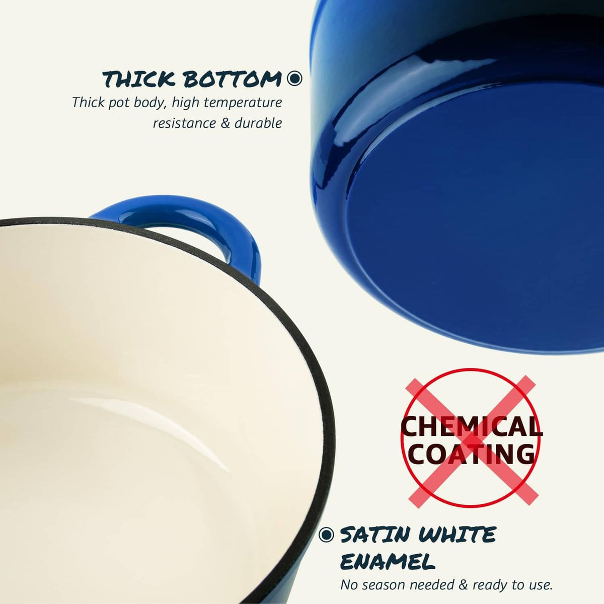 Overmont sapphire blue Dutch oven with satin white enamel interior and side handle
