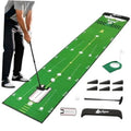 Green golf putting practice mat with alignment lines and ball roll guides