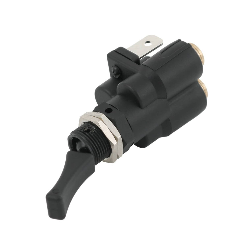 Air electric toggle valve paddle switch with black lever, metal tabs, and two brass fittings