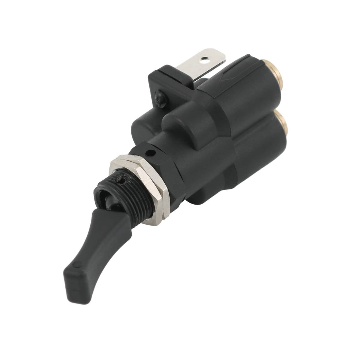 Air electric toggle valve paddle switch with black lever, metal tabs, and two brass fittings