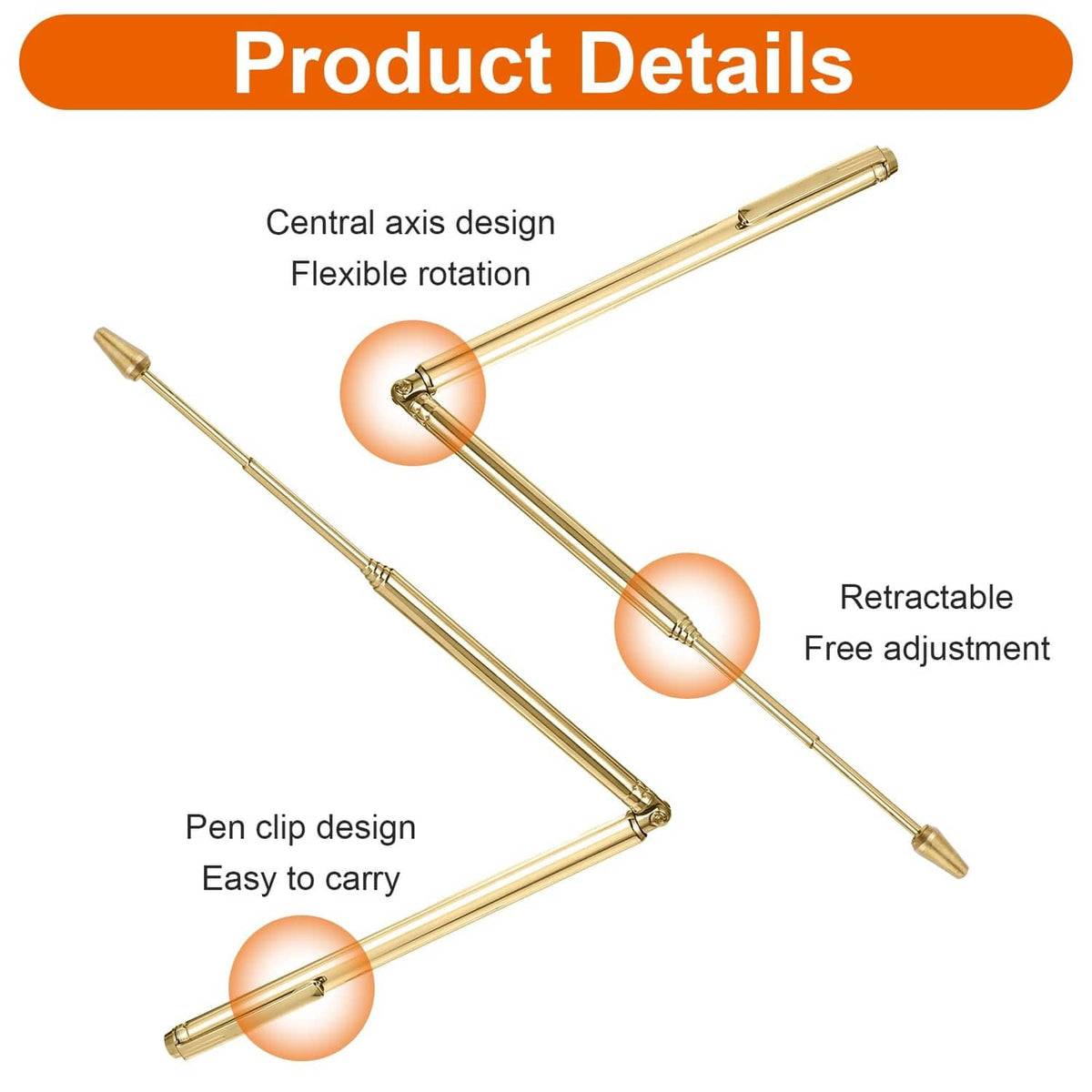 Retractable brass dowsing rod with pen-clip design and rotating central axis