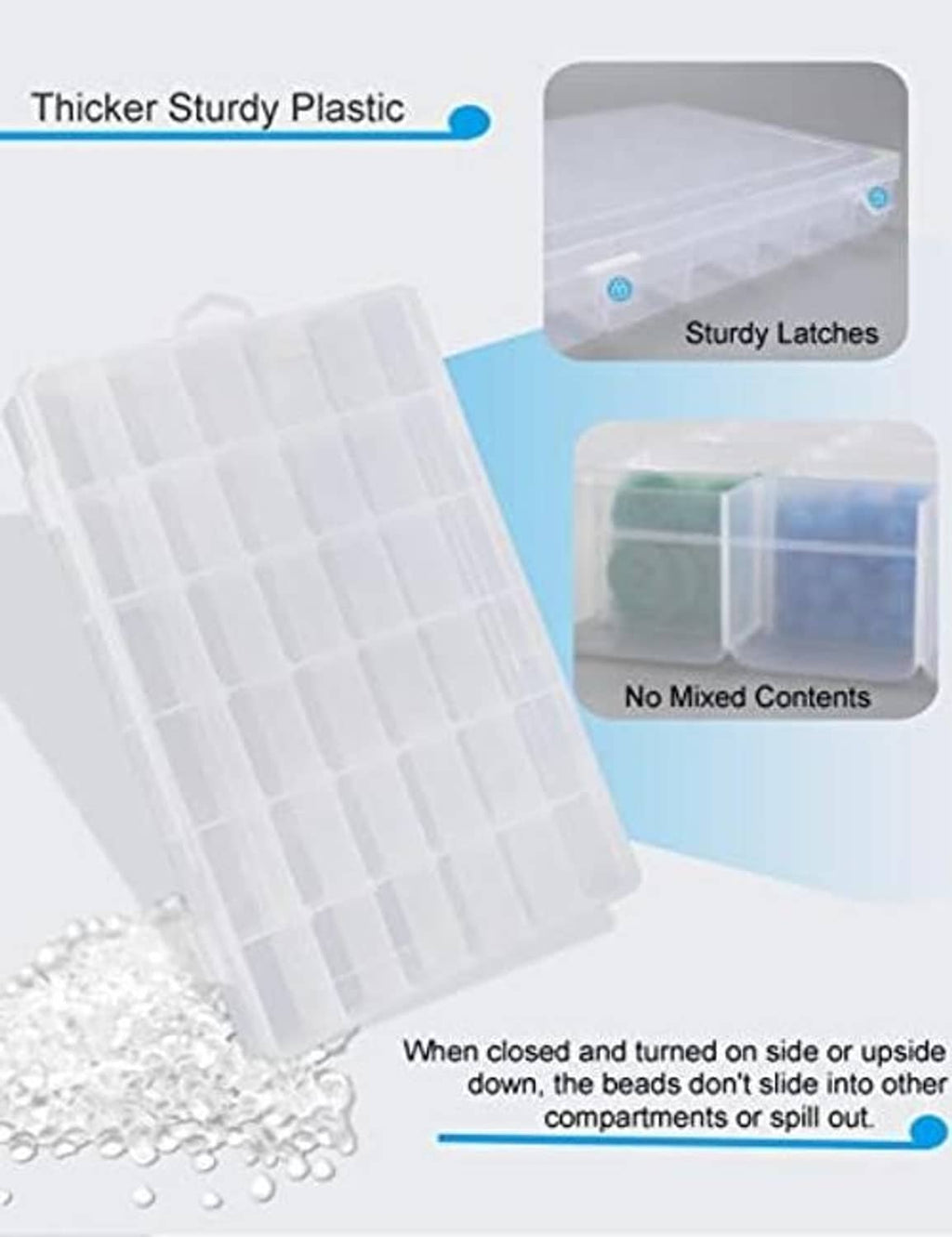 Thick clear plastic organizer box with sturdy latches; compartments keep beads from mixing