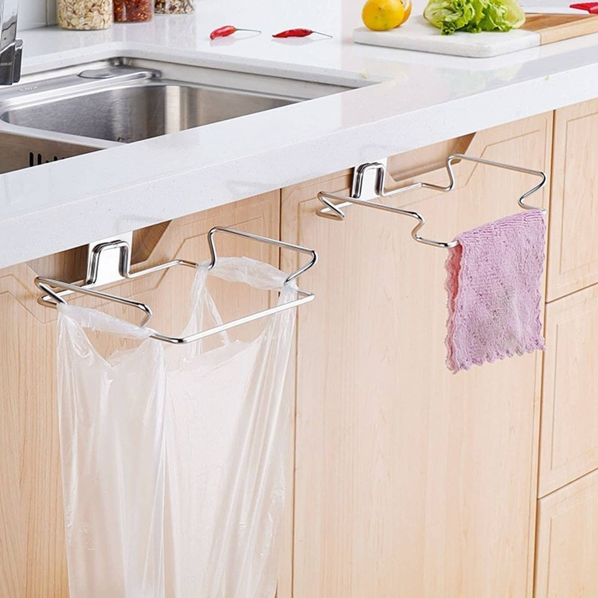 Stainless steel trash bag holders under kitchen cabinets with clear plastic bags