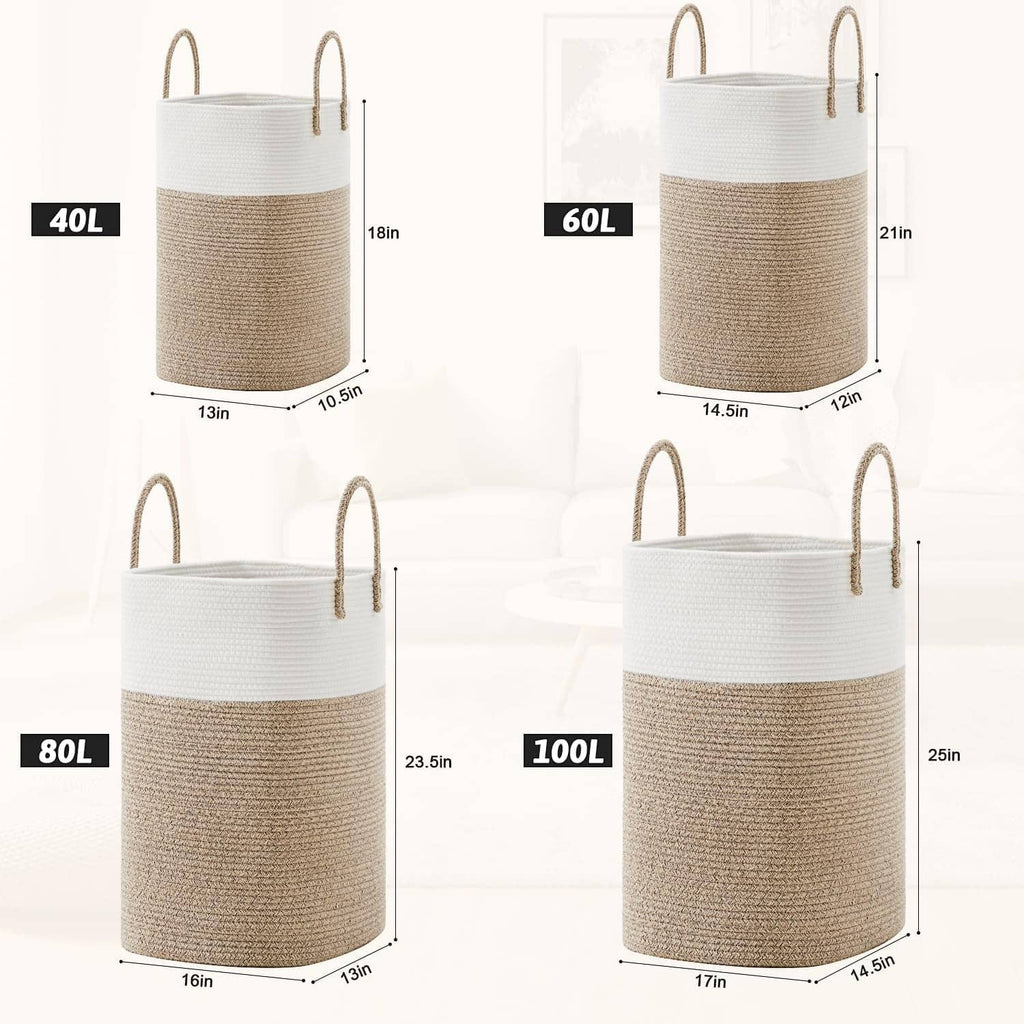 Set of two-tone woven cotton rope laundry hampers in different sizes, with carry handles.