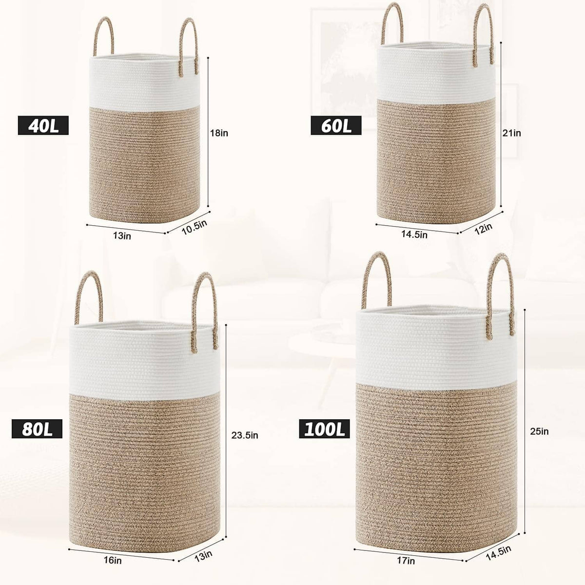 Set of two-tone woven cotton rope laundry hampers in different sizes, with carry handles.
