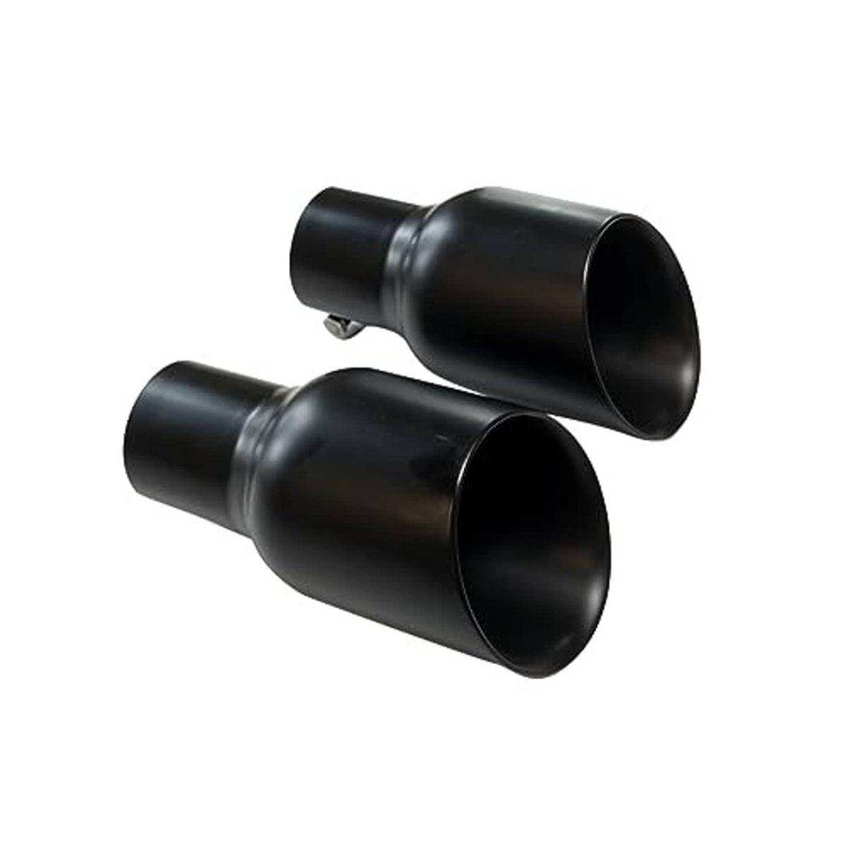 Pair of black round exhaust tips with flared ends and short mounting collars