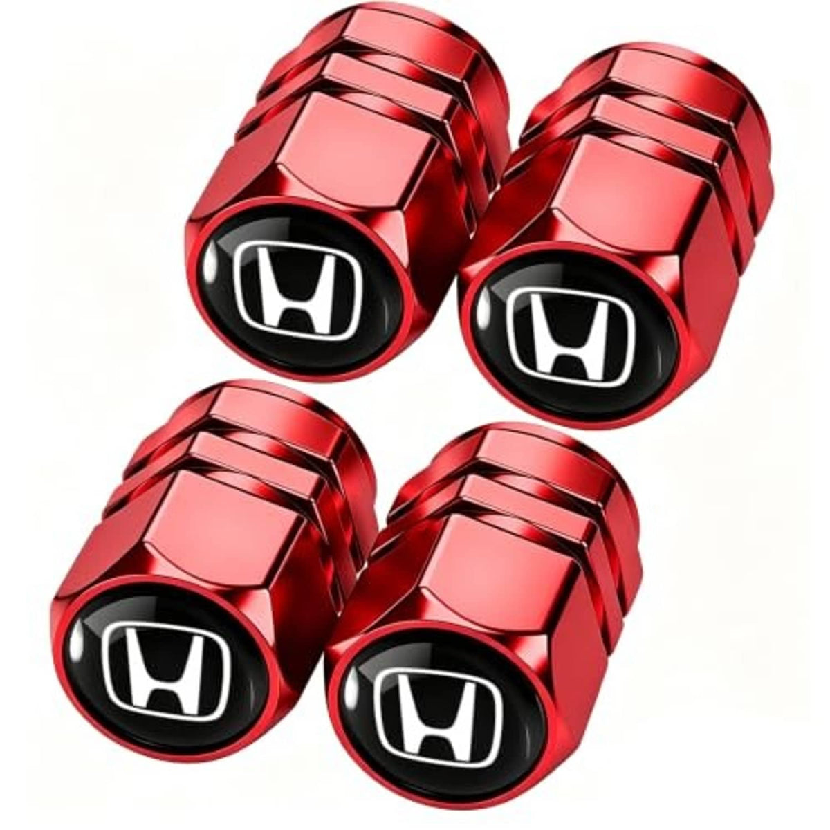 Set of red valve stem caps with black band and Honda emblem center, four caps
