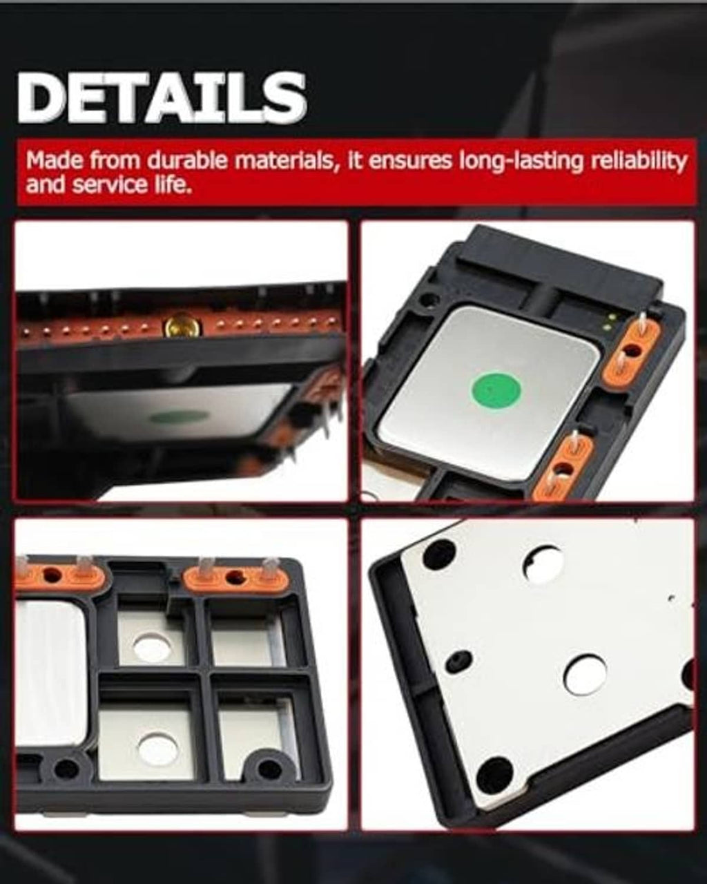 Engine ignition control module close-up showing black housing, green plate, and orange contacts