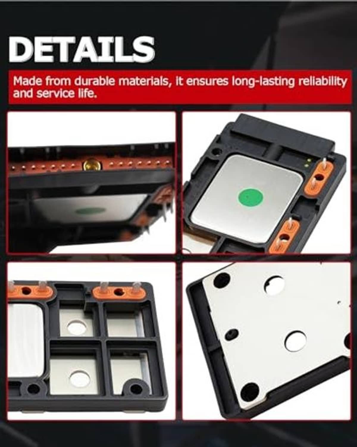 Engine ignition control module close-up showing black housing, green plate, and orange contacts