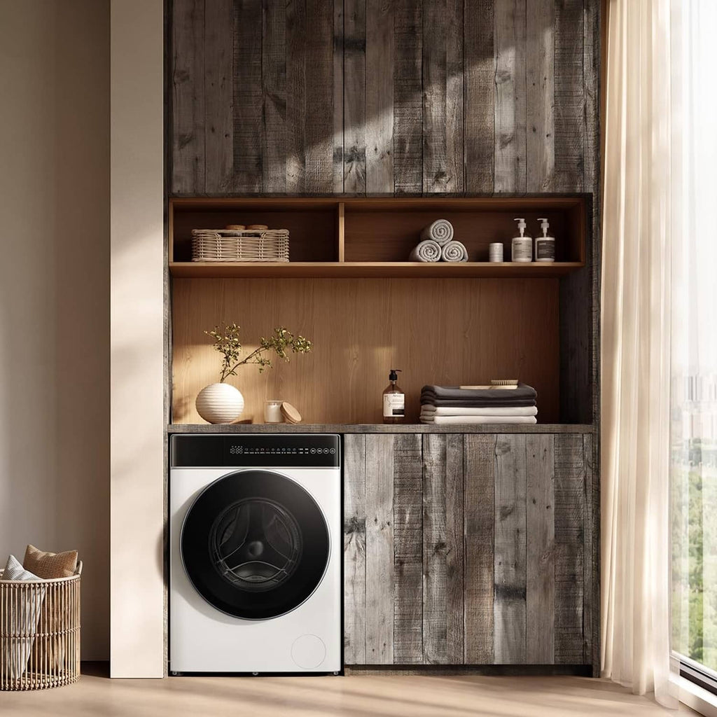 Gray wood-plank peel-and-stick wallpaper wall covering with shelving and laundry area