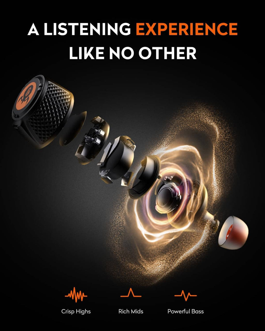 Black earbuds with orange accents and open charging case, sound-focused design view