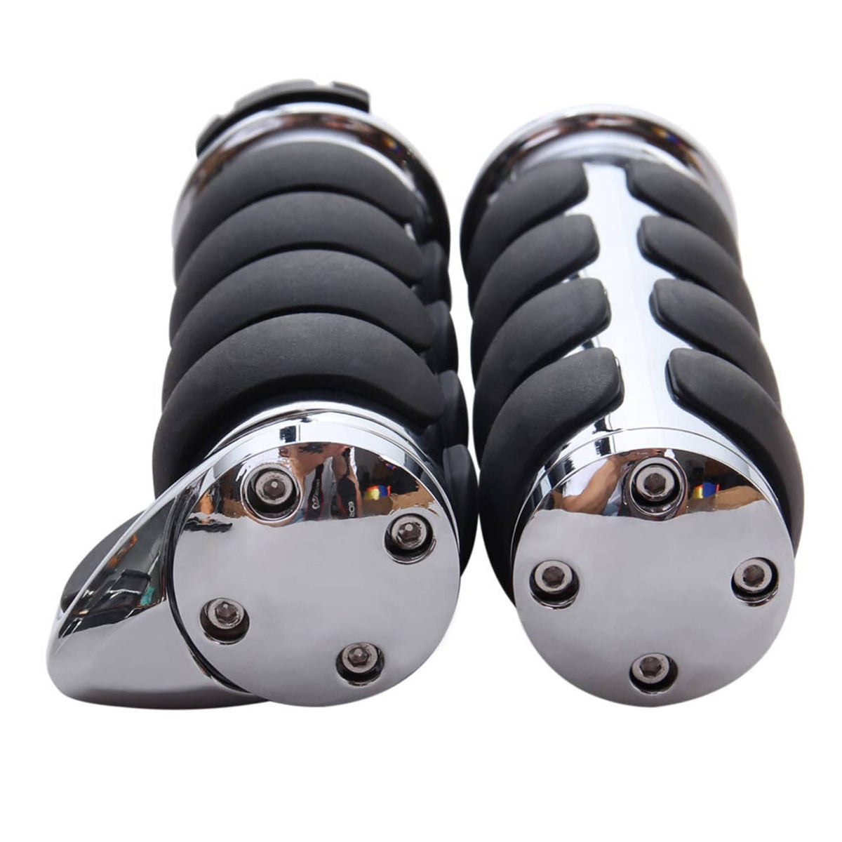 Pair of motorcycle grip ends with black rubber sections and chrome mounting plates