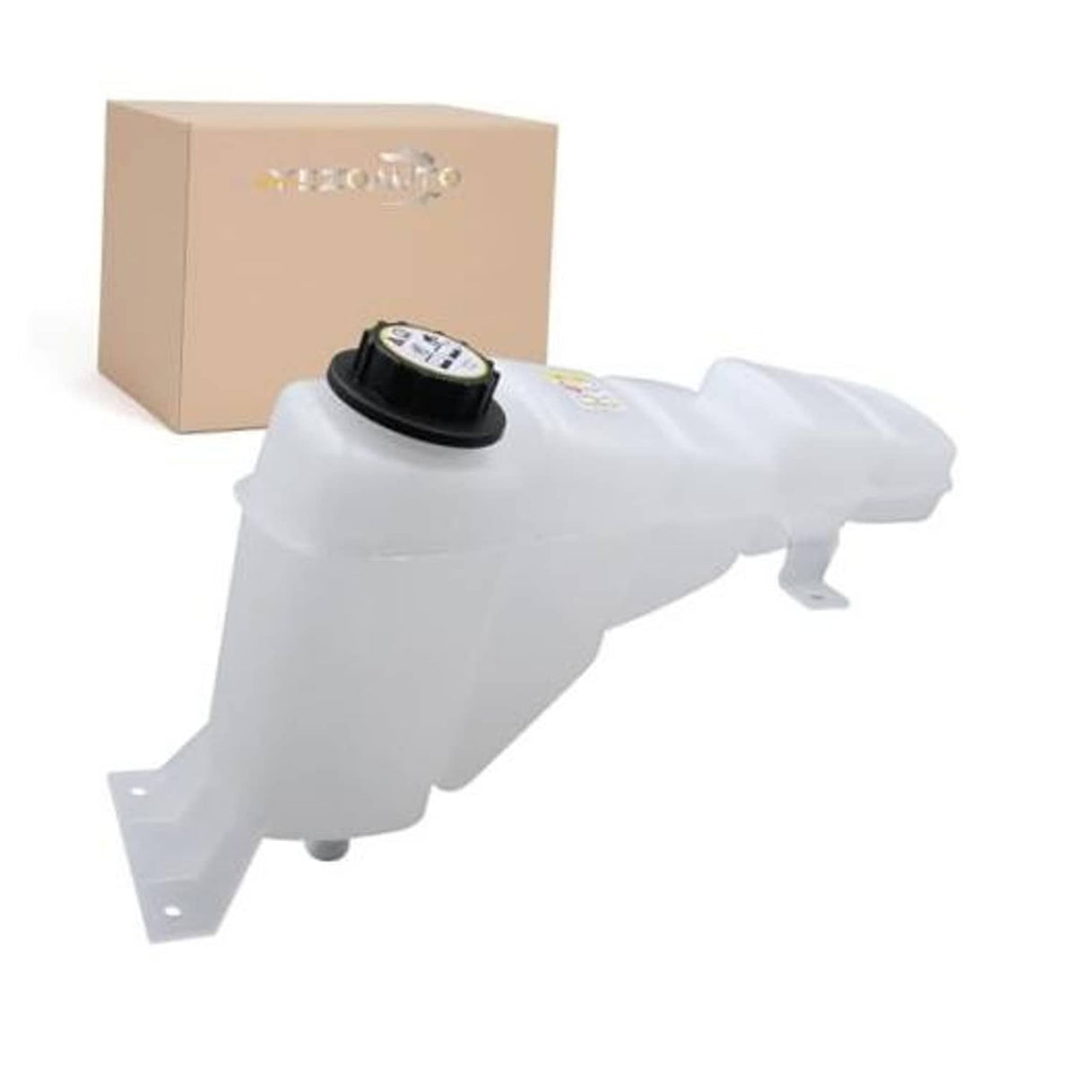 Pressurized coolant reservoir with black cap and mounting bracket, white plastic