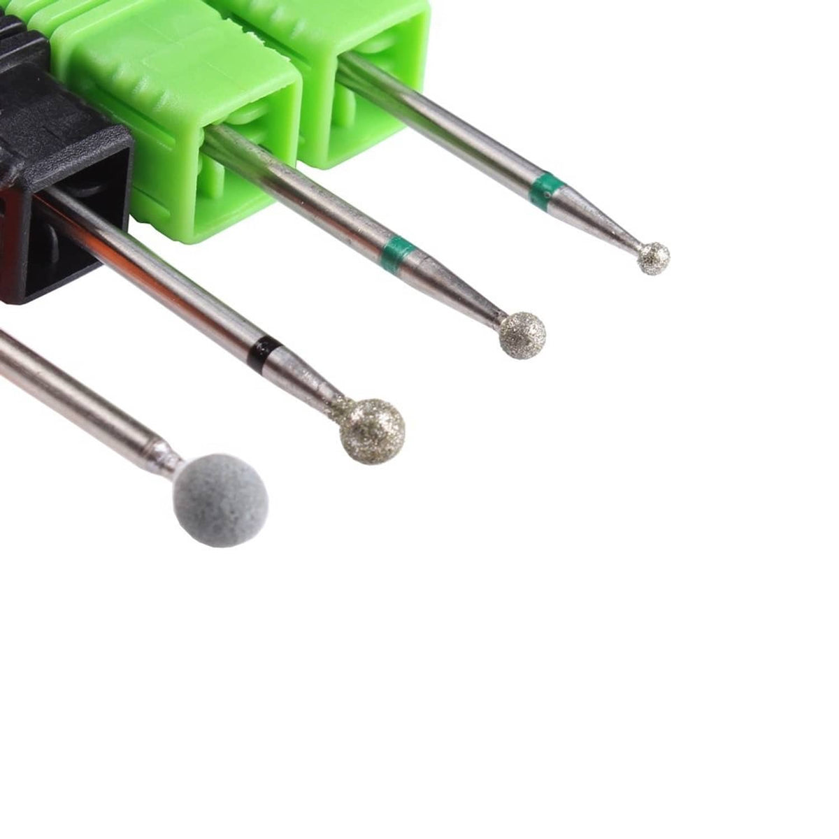 Four ball-head diamond nail drill bits with silver shafts and small green-ring accents