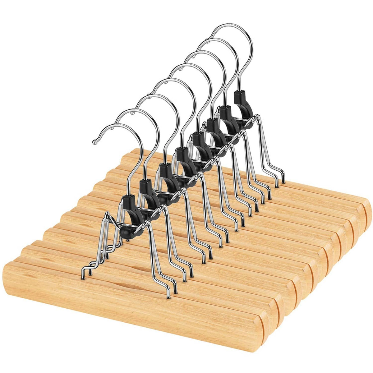 Set of natural wooden pants hangers with metal clips and curved chrome hooks