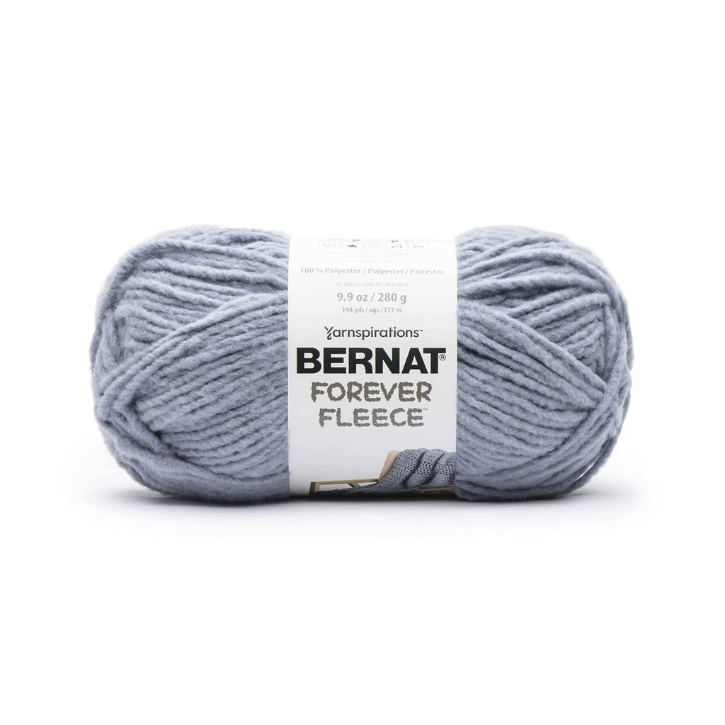Super bulky fleece yarn skein, light blue-gray, with Bernat Forever Fleece label