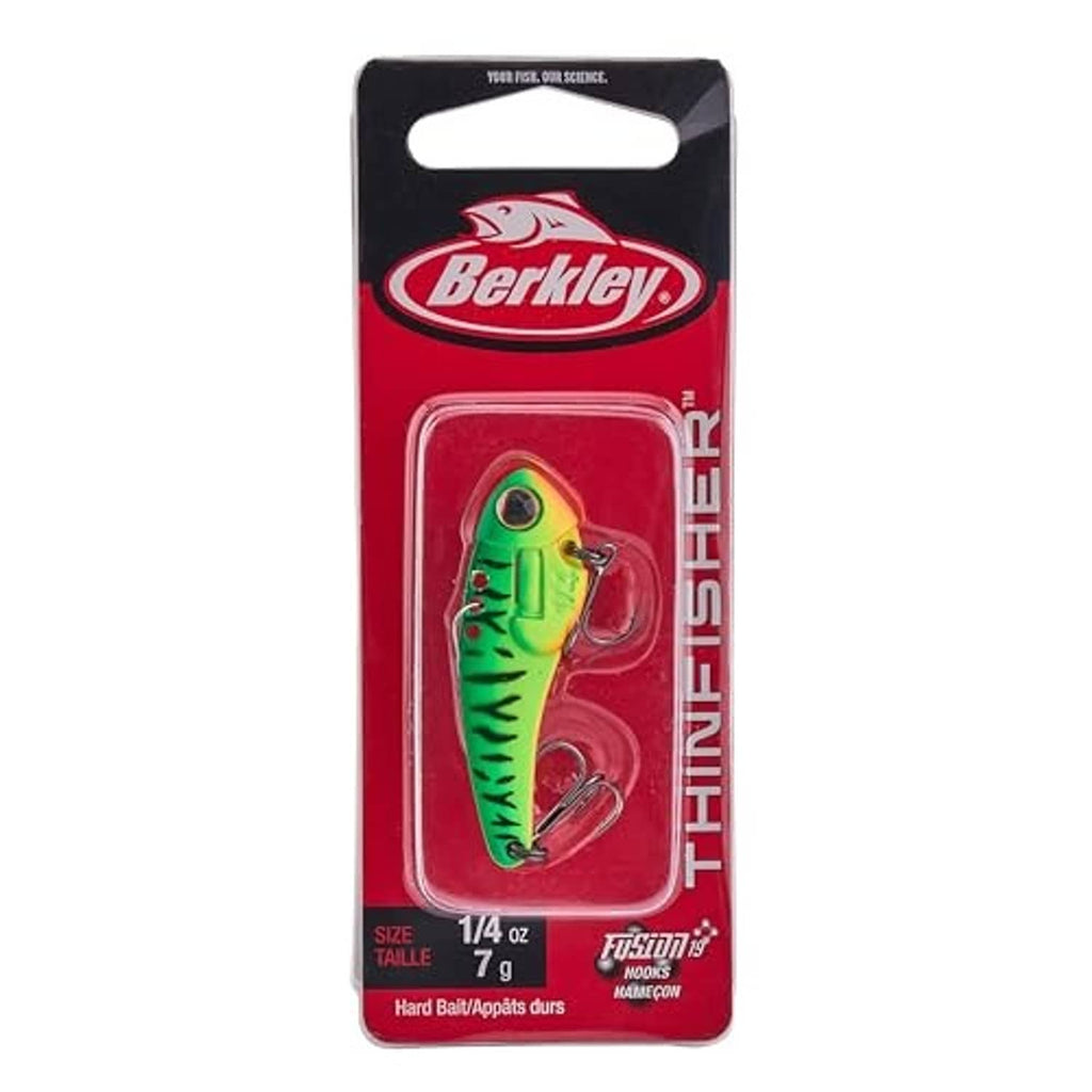 Berkley Thinfisher blade bait package card, green and yellow lure with treble hooks