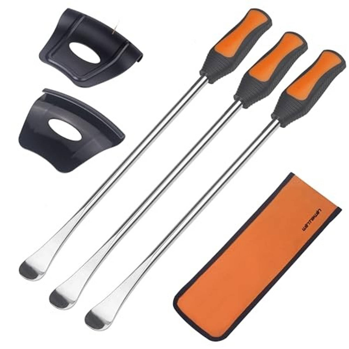Tire spoon lever set with steel bars, orange/black handles, plus two wheel rim shields