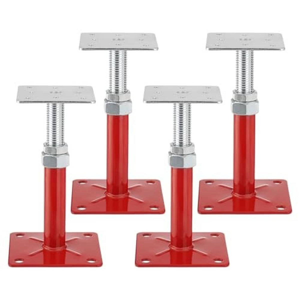 Four-pack adjustable screw jacks with red posts, hex nuts, and steel base plates