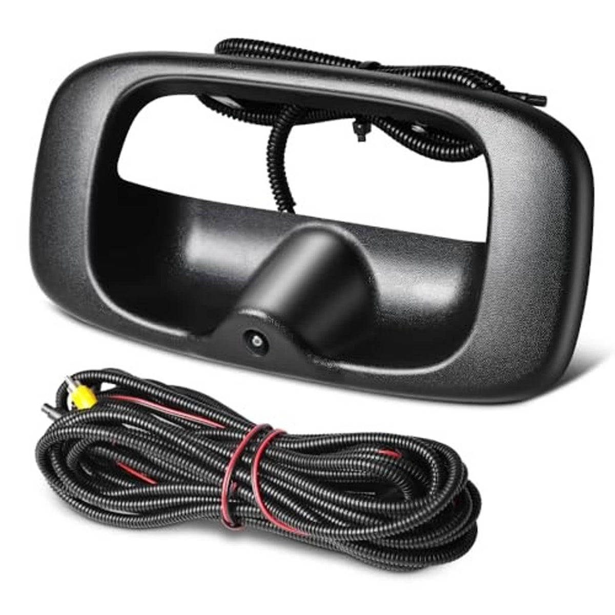 Tailgate handle backup camera with integrated camera lens and bundled cable