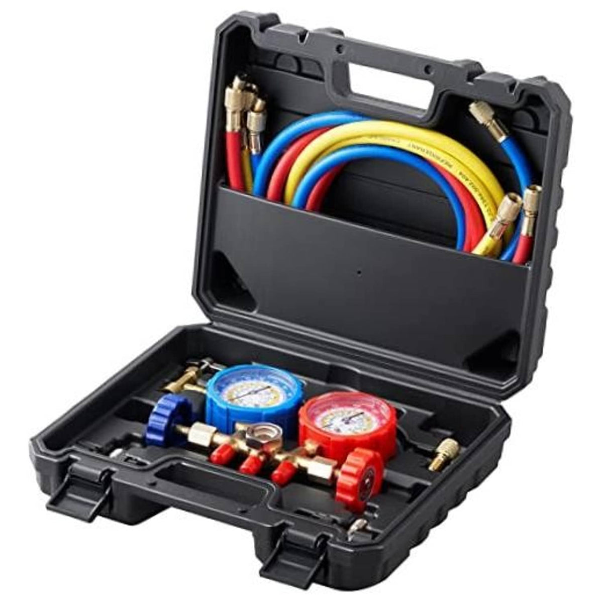 3-way manifold gauge set with two pressure gauges, colored hoses, and fittings in black case