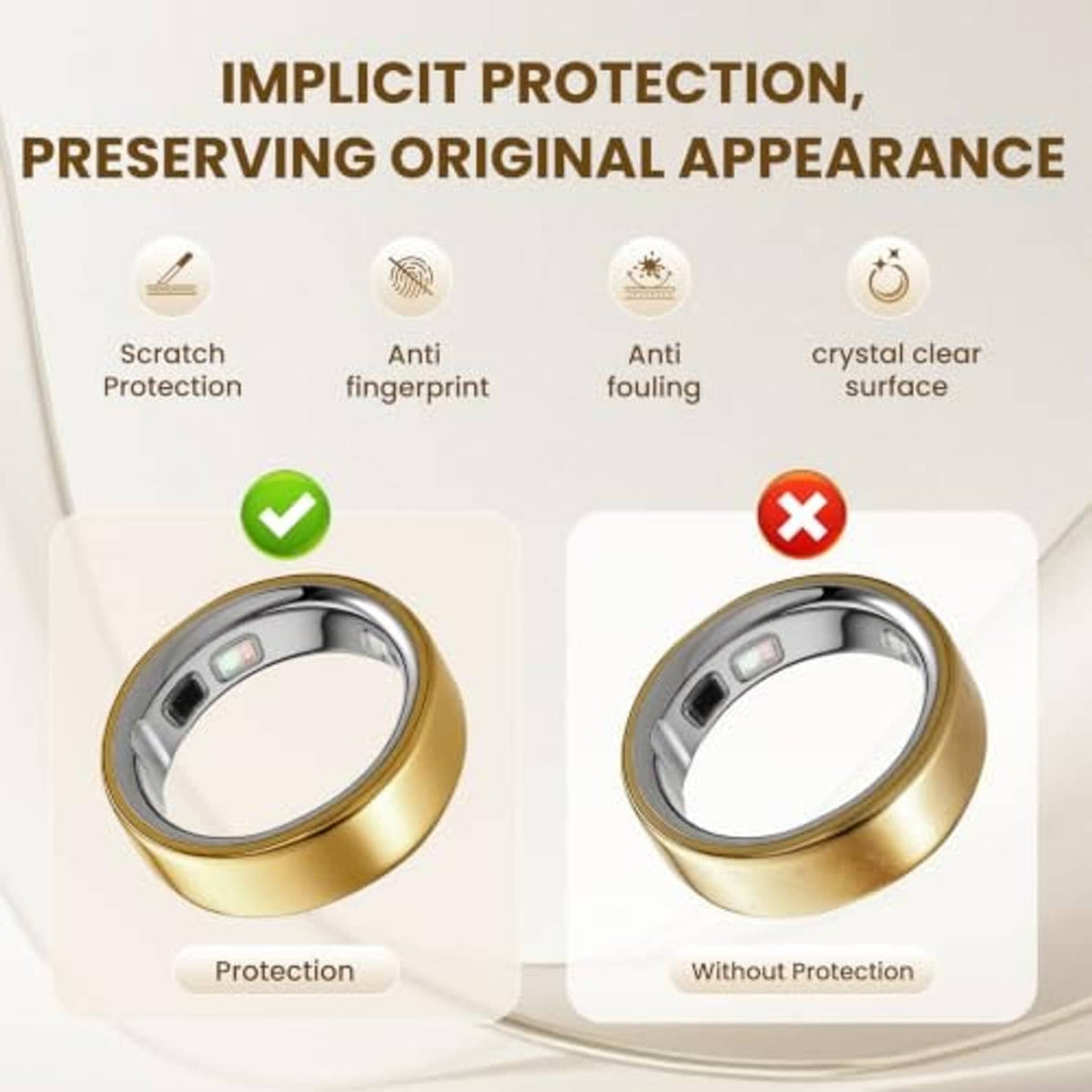 Clear Oura Ring protector showing protected vs unprotected ring appearance.