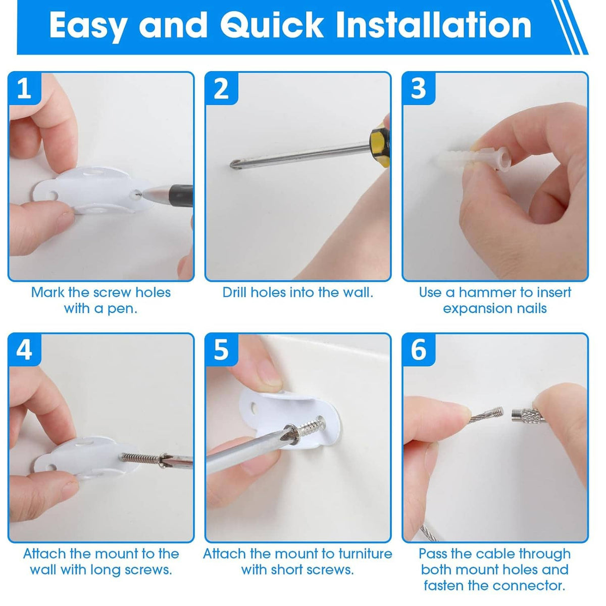 Furniture wall anchor installation set with screws and expansion nails