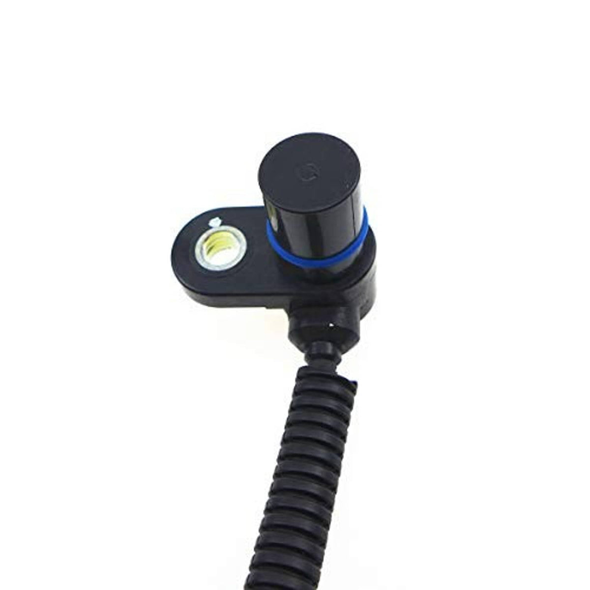Crankshaft position sensor with circular mounting base, blue collar and ribbed black cable