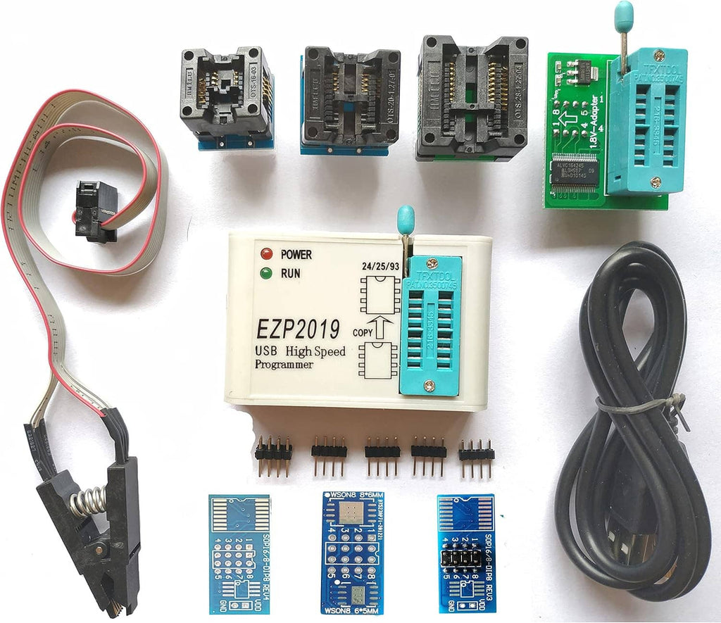 EZP2019 USB SPI programmer kit with socket adapters, circuit boards, and connecting wires