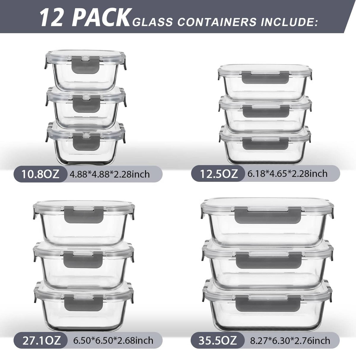 Stacked clear glass containers with gray latches, multiple sizes shown
