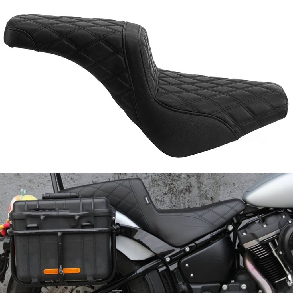 Two-up motorcycle seat with black diamond-quilted padding and contoured rider area