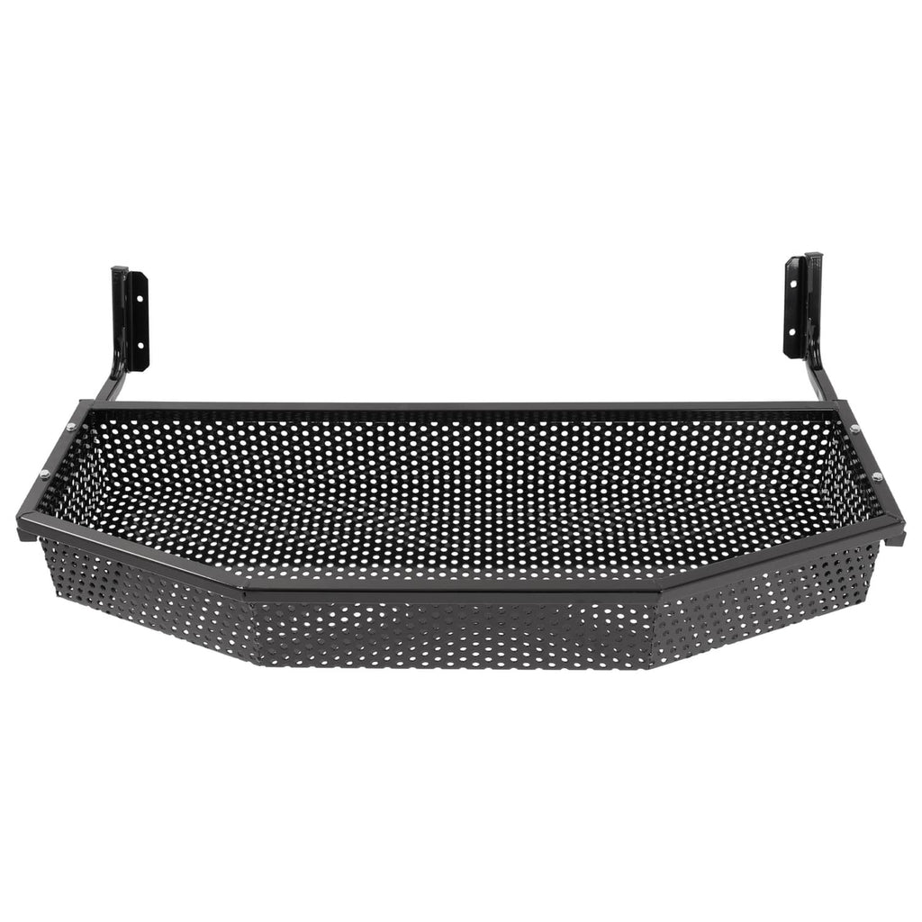 Black perforated front cargo basket with two side mounting brackets