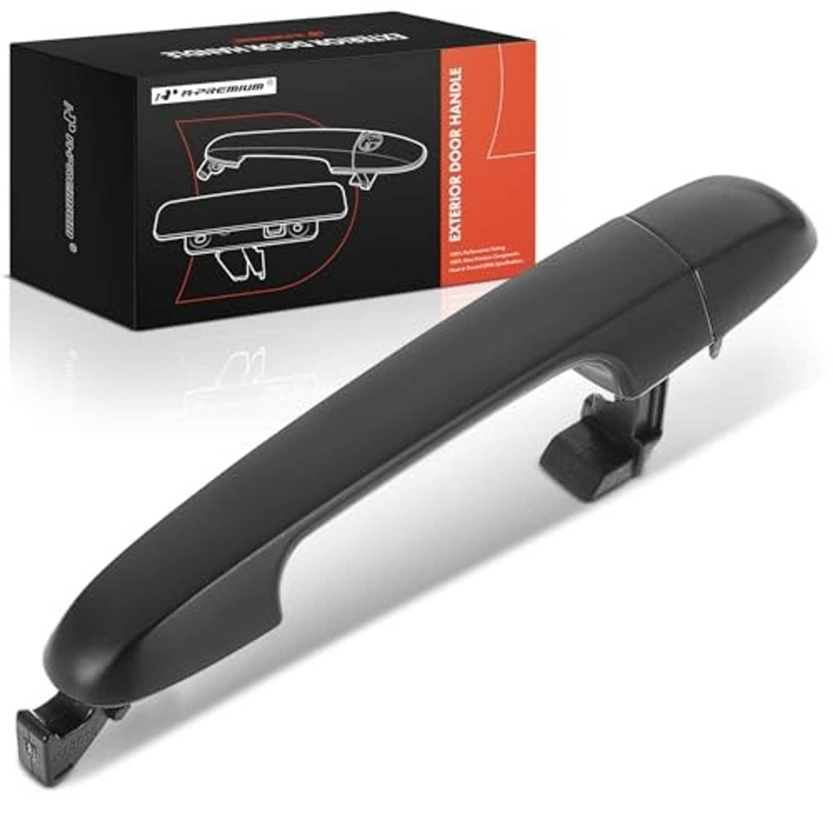 Front right exterior door handle, curved matte black finish with attached bracket