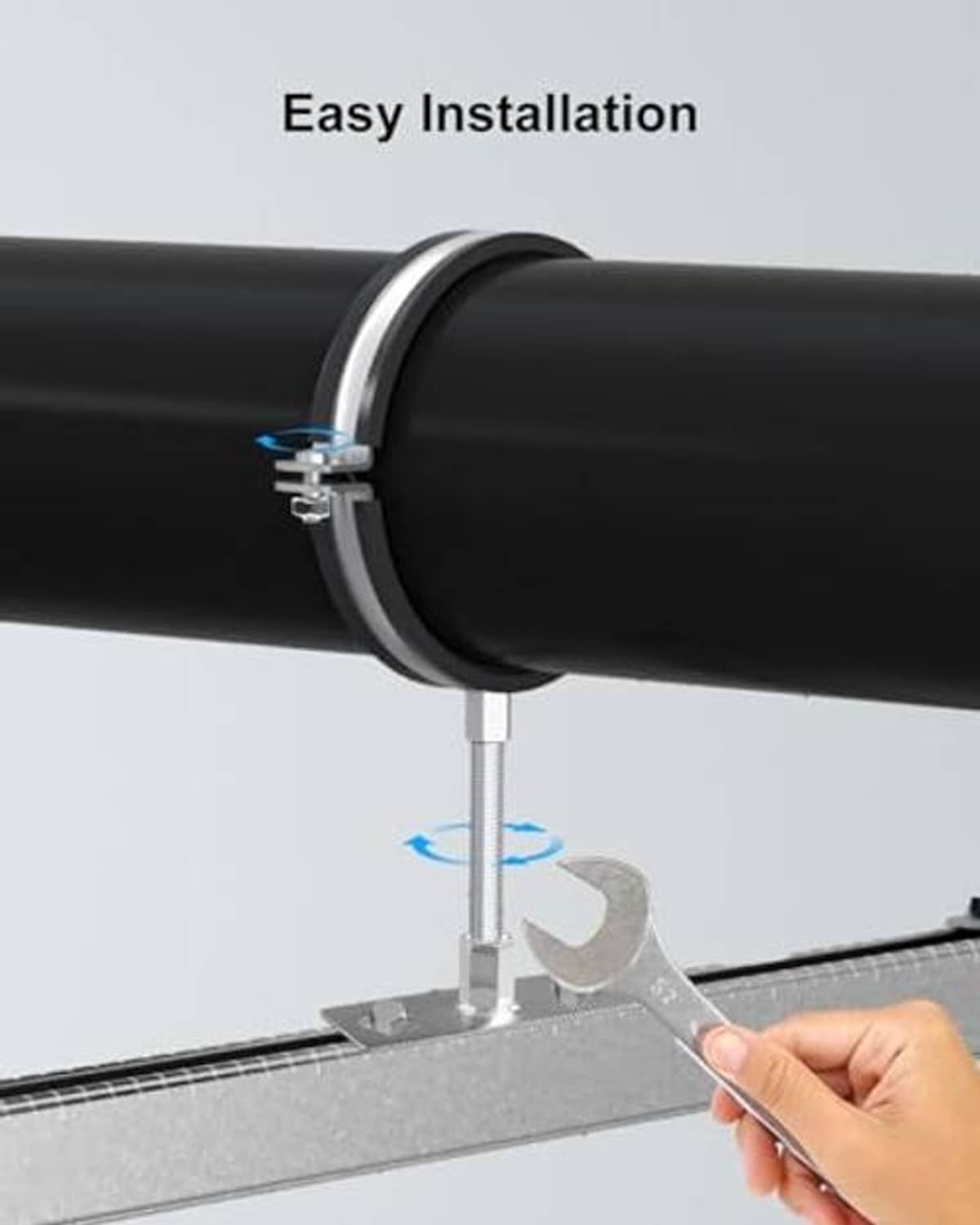 Black split-ring pipe hanger bracket installed on a round vent pipe with base plate