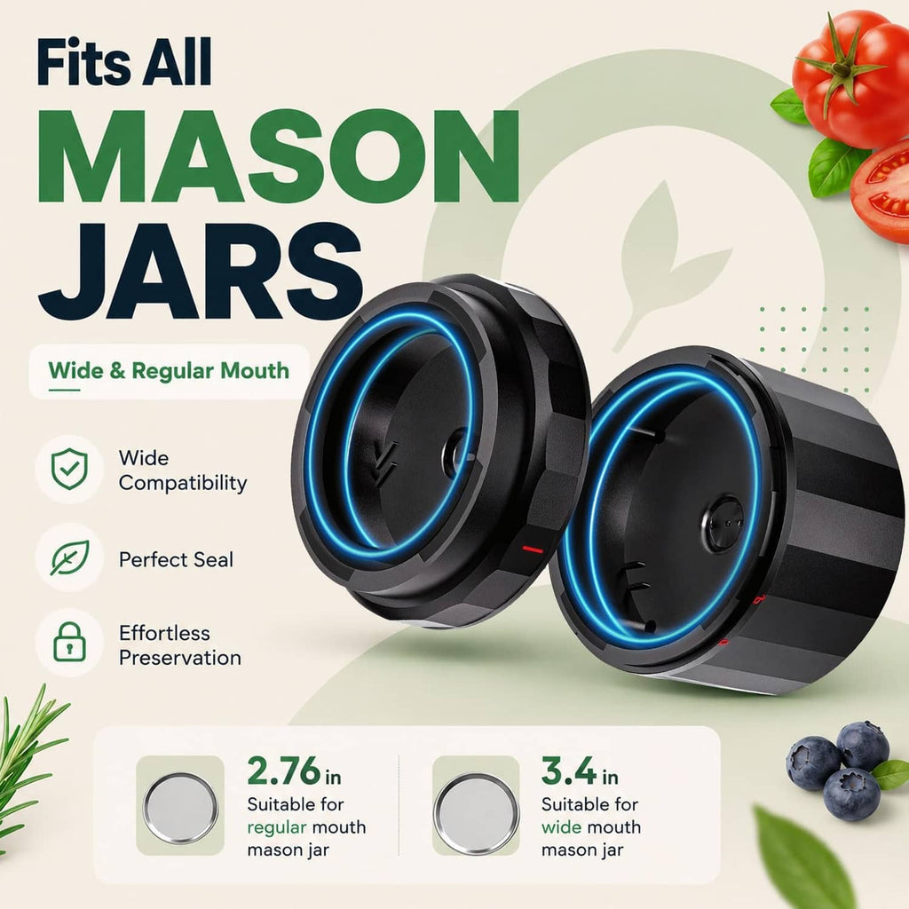 Black wide-mouth vacuum sealer head with glowing blue sealing rings