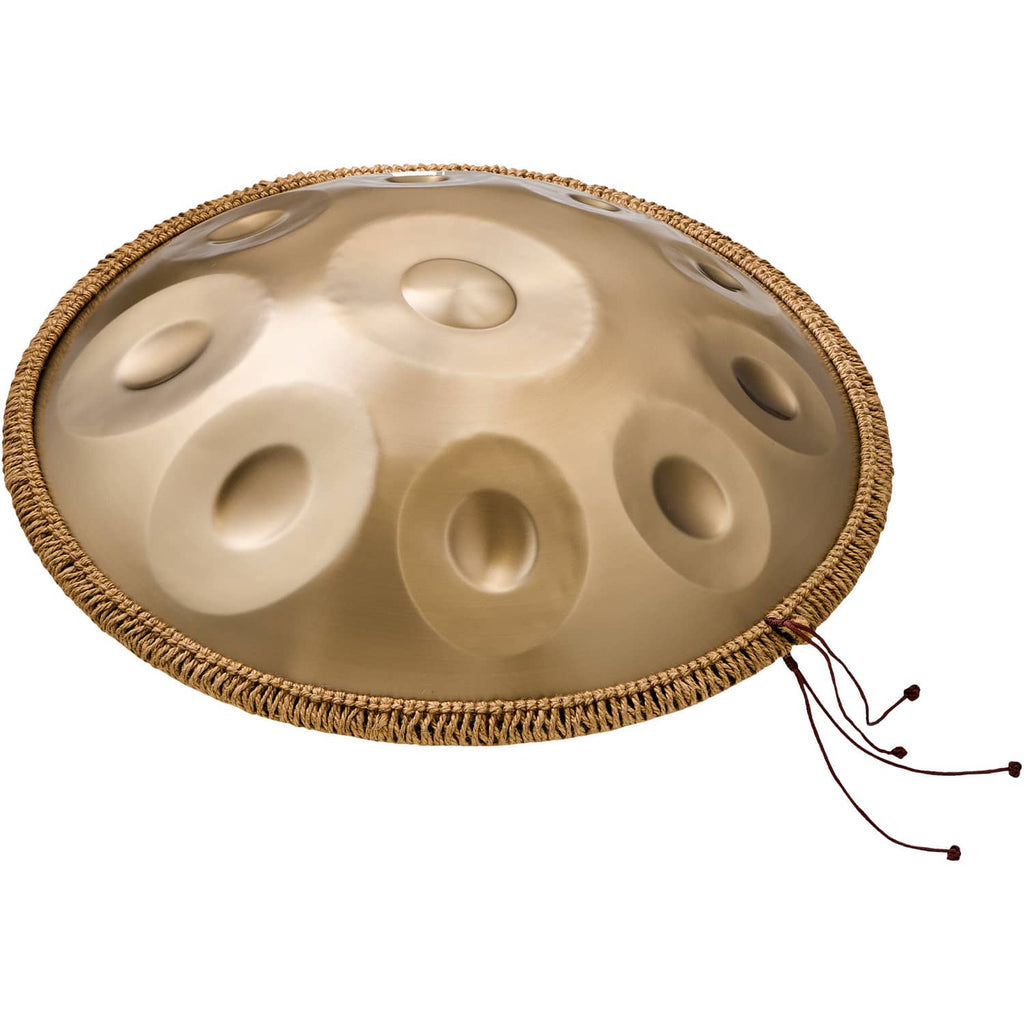Gold handpan drum with eight tone domes and rope edge, tuning cords