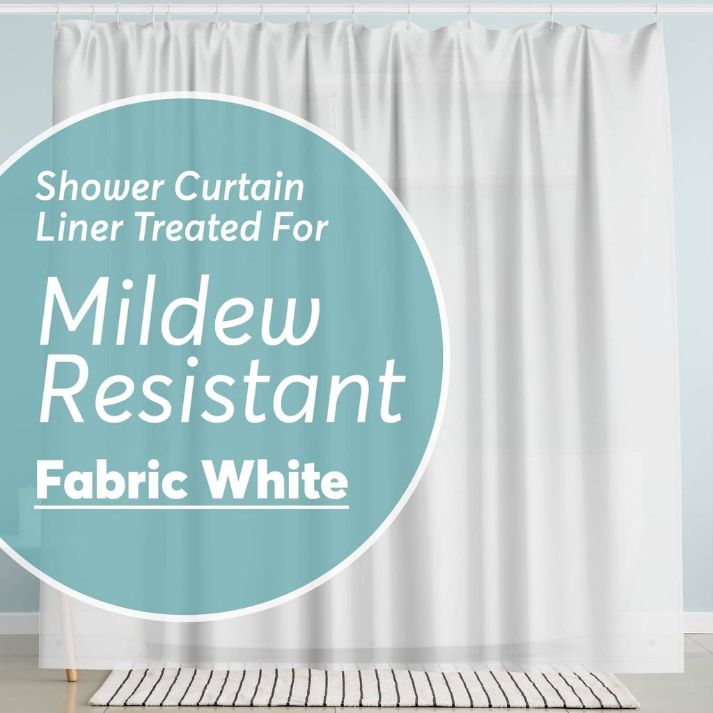 White fabric shower curtain liner with header hooks, full-length hanging view