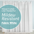 White fabric shower curtain liner with header hooks, full-length hanging view