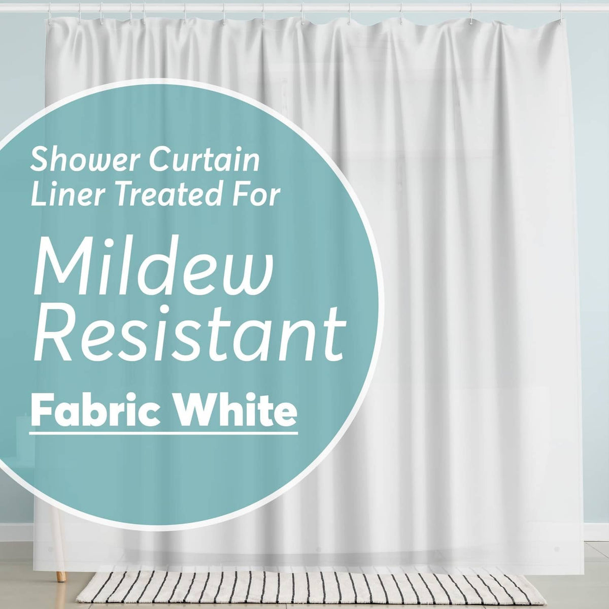 White fabric shower curtain liner with header hooks, full-length hanging view